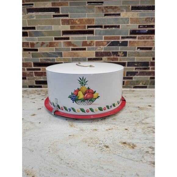 Vintage Cake Carrier Decoware, Fruit Basket Decal, Red Trim, Dome Cover, MCM - Picture 1 of 8